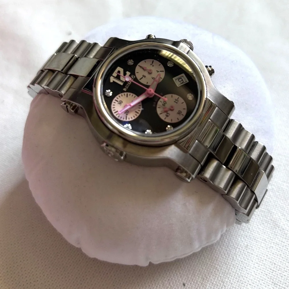 Renato Beauty Chronograph Swiss Movt Black Pink Dial Crystal Women's Watch Date